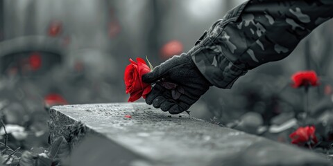 Canvas Print - A person grasping a vibrant red rose in their hand, possibly as a symbol of love or appreciation