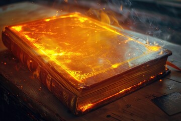 A burning book sits atop a wooden table, conveying the theme of knowledge and destruction