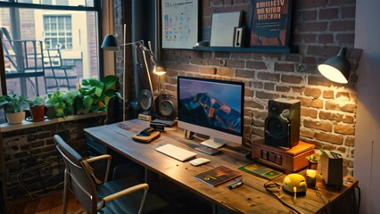 Sticker - A desk displaying a computer on top of it, set up for work or study, Cozy workspaces with personalized touches