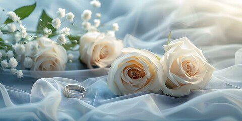 Wall Mural - White roses wedding ring satin lace symbolic wedding arrangement elegant and romantic. Concept Wedding Photography, Elegant Floral Details, Romantic Symbolism