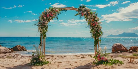 Wall Mural - Scenic wooden arch adorned with flowers on beach for wedding ceremony. Concept Beach Wedding, Flower Arch, Scenic Ceremony, Wooden Structure, Wedding Decoration