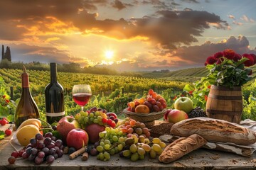 Poster - Lush spread of food and wine on a wooden table