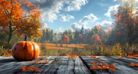 Wall Mural - Single Pumpkin on Rustic Wooden Table With Fall Foliage Background