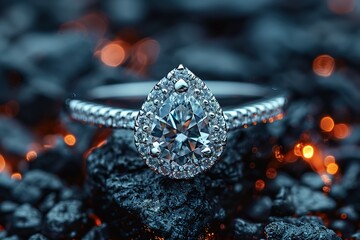 Wall Mural - A diamond ring with a halo design sits on a rock