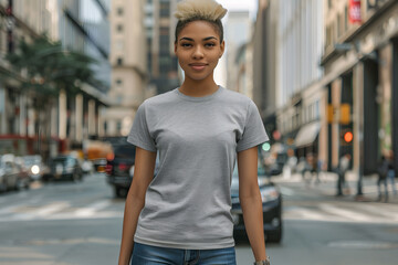 Sticker - Young Woman T-Shirt Mockup, Casual T-Shirt Design Displayed on Young Lady, Stylish T-Shirt Showcase on Young Woman