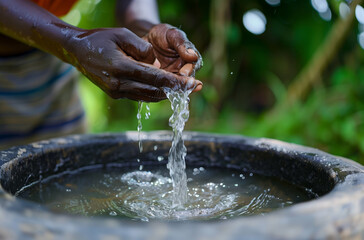 Water problem in African countries, flowing water against the backdrop of black children in Africa