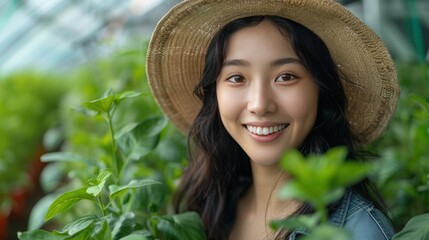 Wall Mural - Smiling Woman in Straw Hat Amidst Greenery