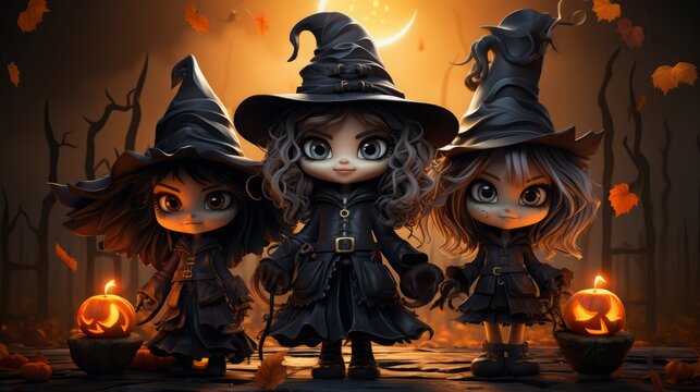 Cartoon witch characters 3d. dolls, children's persons in black hats and dresses at night.