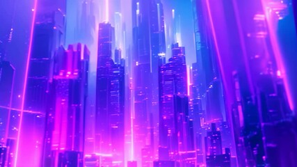 Poster - A city with towering skyscrapers glowing with purple and blue lights in a futuristic setting, Create a futuristic cityscape with towering skyscrapers and neon lights