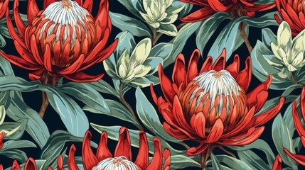 A seamless pattern featuring lush red and green protea flowers, showcasing the natural beauty and intricate details of these exotic blooms in a repeated design.