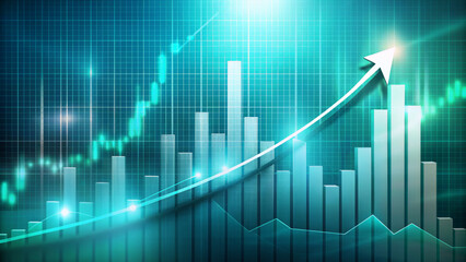 Digital graph showing an uptrend with glowing bars and an up arrow in front of a brilliant blue tinted grid background. Digital overlays refer to finance or markets.Business concept.AI generated.