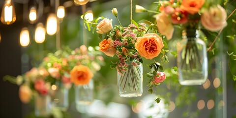 Canvas Print - Unique wedding decor with mini vase bouquets hanging from the ceiling. Concept Wedding Decor, Mini Vase Bouquets, Hanging Decor, Unique Design, Ceiling Decor