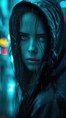 Wall Mural - A beautiful woman with long dark hair in a hood in the rain looks at the camera.