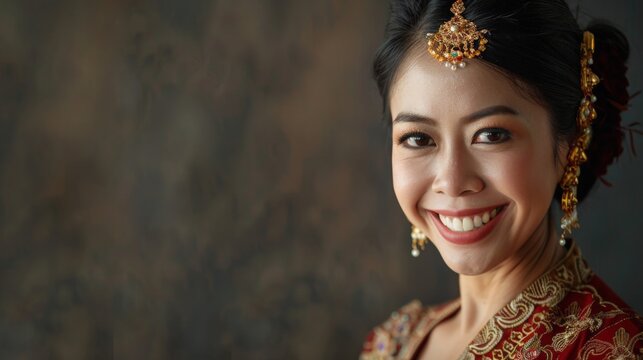 A woman in traditional clothing smiles brightly for the camera