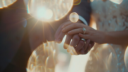 Wall Mural - The bride and groom holding hands against the background of a kiss are out of focus wedding rings : Generative AI