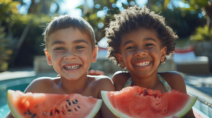 Wall Mural - Happy kids smiling and eating delicious ripe watermelon by the pool