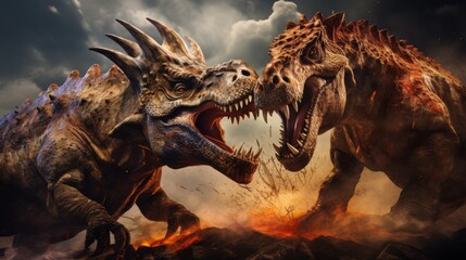 Wall Mural - Amidst a lava field, two powerful spiked dinosaurs clash in a dramatic confrontation, their furious expressions and intense combat highlighting raw power and ferocity.