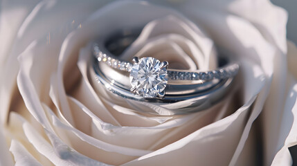 Closeup of silver wedding rings on white rose DOF focus on diamonds : Generative AI