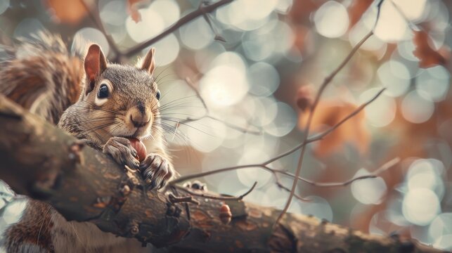 A squirrel sits on a branch, enjoying a snack in the autumn sunlight