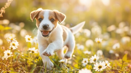 A happy puppy runs through a field of white daisies