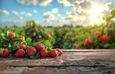 Wall Mural - Ripe Red Strawberries on a Wooden Table in a Sunny Strawberry Field