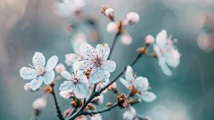 Wall Mural - Delicate pink cherry blossoms in full bloom on a branch with a soft blurred background, Delicate cherry blossoms in full bloom