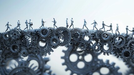 3D render of a business bridge made of gears and cogs, with people crossing it, representing industry success and teamwork