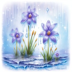 Wall Mural - Vivid blue crocuses in water droplets among raindrop trails   high quality illustration