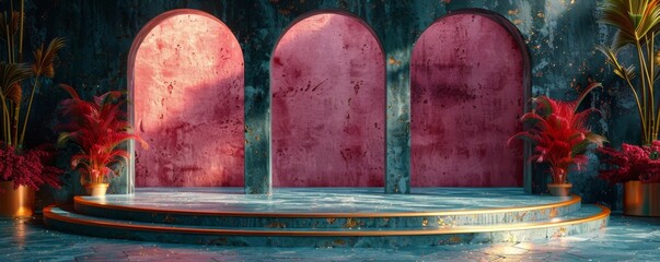 Elegant stage with archways and lush red and gold plants in a luxurious setting