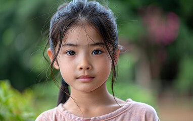 Wall Mural - A portrait of a young girl with dark hair looking directly at the camera