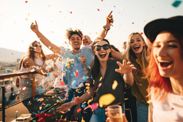 A group of people are dancing and throwing confetti in the air. Scene is joyful and celebratory