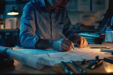 Focused male engineer designing blueprint project for construction site using generative ai