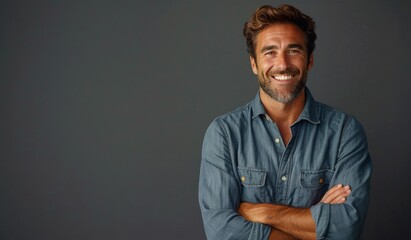 Happy Middle-Aged Man Wearing Denim Shirt Against Grey Background