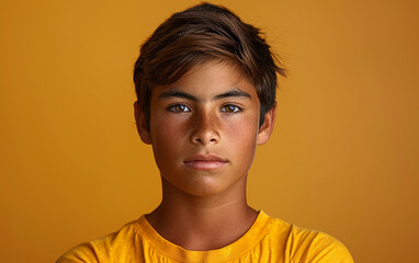 Wall Mural - A teenage boy with brown hair and freckles is looking directly at the camera against a yellow background. He is wearing a yellow t-shirt