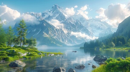 Wall Mural - Tranquil Mountain Lake with Snow-capped Peaks