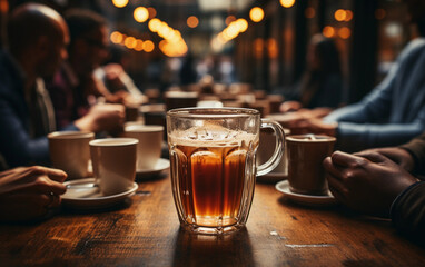 A mug of coffee sits on a wooden table in a crowded cafe, surrounded by other patrons enjoying their beverages