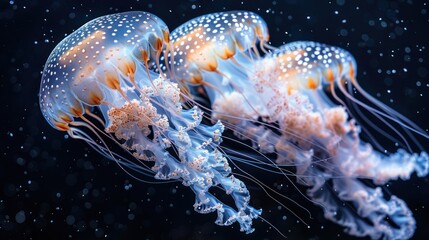 Wall Mural - Three Jellyfish Swimming in the Dark