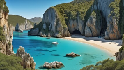 Wall Mural - Tropical Beach with Cliffs: Idyllic Beach Escape with Dramatic Rock Formations