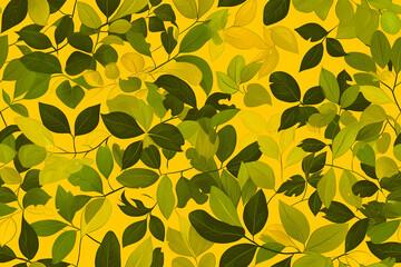 Wall Mural - A seamless pattern featuring green leaves on a yellow background, evoking a natural and lively atmosphere.