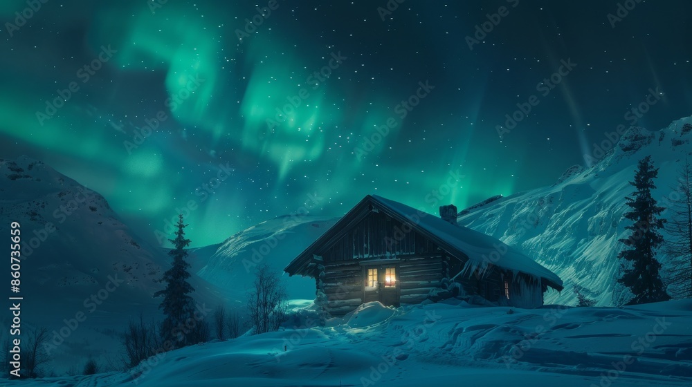 Aurora borealis over a wooden house in the mountains. Stock Photo ...