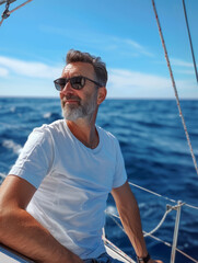 Wall Mural - A close-up water adventure of a rich man gelling on a yacht and retiring. A man aged 40-50 is sailing in the sea
