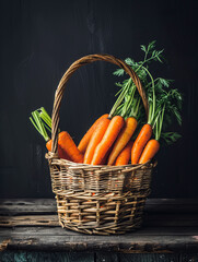 Wall Mural - Wicker basket with ripe carrots with green stems placed on a wooden table on a dark empty background with space for text or inscriptions
