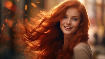 Wall Mural - Radiant Woman with Flowing Auburn Hair Smiling