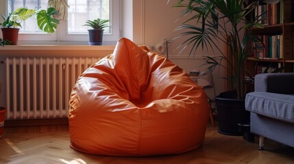 Poster - A bean bag chair sitting in front of a window next to plants, AI