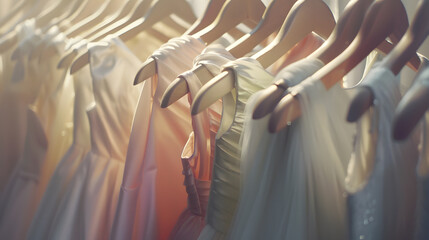 Many beautiful wedding dresses on hangers dresses : Generative AI