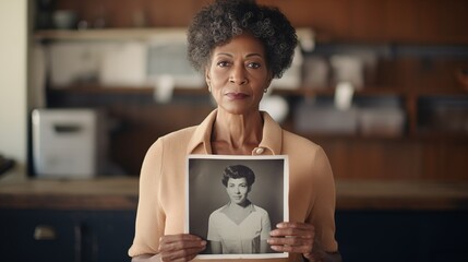 Wall Mural - Senior black woman holding up a old photo of herself when she was young