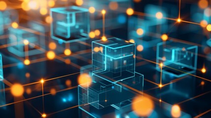 Abstract digital network with glowing cubes and lines, representing connectivity and data flow.