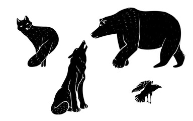 set of linocut animals, fox, bear, wolf, raven isolated.