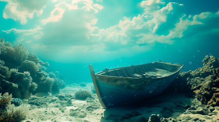 Wall Mural - A blue sky a blue reef and a sunk blue boat.