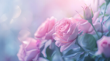 Aufkleber - Delicate pink roses in soft color and blur style Selective focus To use as background for creative design for birthday Valentines Day wedding celebration : Generative AI